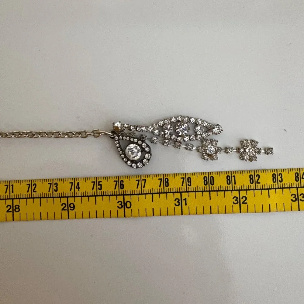 Silver-Tone Rhinestone Lariat Necklace Upcycled with Drop Pendants